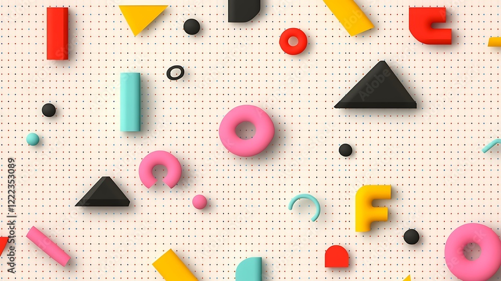 Poster colorful geometric shapes in abstract arrangement on light background with varied textures and dimen