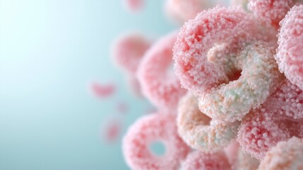 Close-up of soft pastel chewy candy rings in macro view with textured details