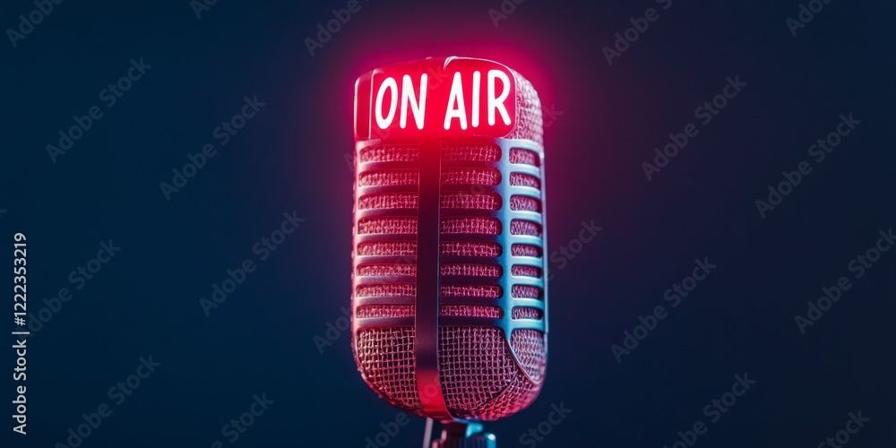 Leinwandbilder vibrant retro radio aesthetic neon on air microphone with textured grill - dynamic broadcasting cont