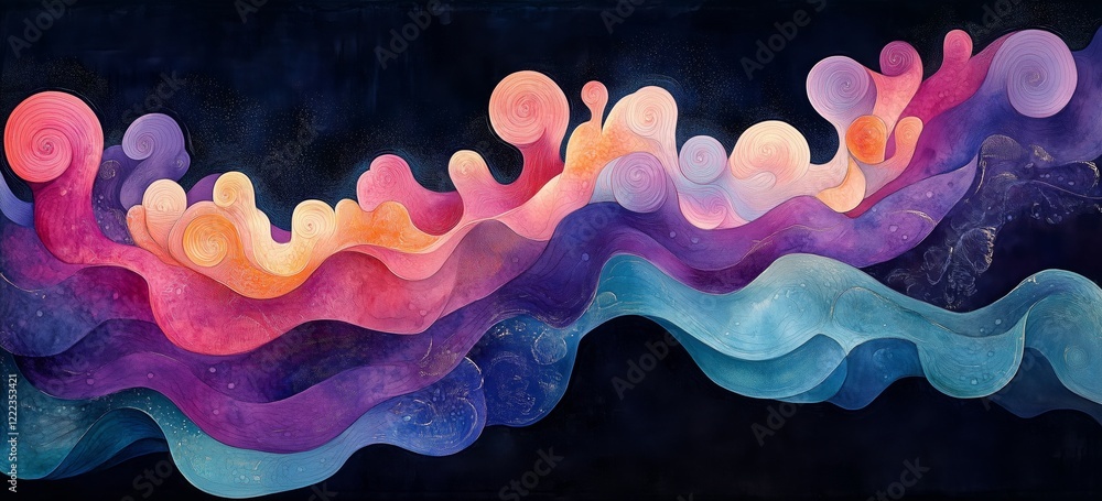 Poster colorful abstract waves on dark background with swirling patterns