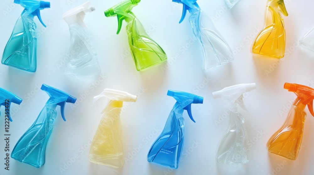 Poster colorful array of spray bottles arranged neatly on a white surface, showcasing various cleaning solu