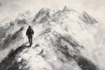 Charcoal drawing of a hiker using trekking poles and climbing a snowy mountain ridge with misty peaks in the background