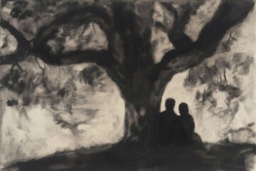 Charcoal drawing representing a couple sitting under a large tree, enjoying a peaceful moment together