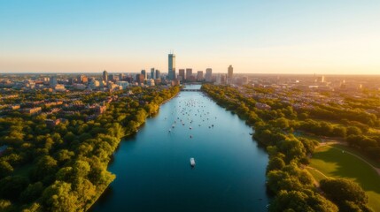 Fototapeta premium Vibrant Urban Oasis Aerial View of the Charles River Esplanade with Colorful Boats - Cityscape Artistry and Outdoor Recreation for Urban Development and Tourism Marketing