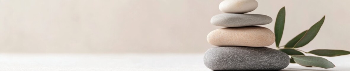 Harmonious Zen Stones Minimalist Pebble Stack with Eucalyptus on Textured Surface - Contemporary Wellness Content and Mindful Home Decor