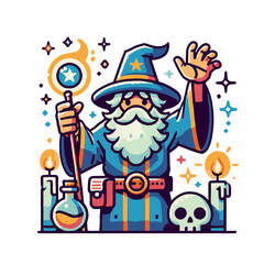 Colorful cartoon wizard with a staff, potions, candles, and a skull, performing magic. Fantasy-themed isolated vector illustration.