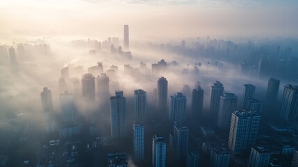 City in the Clouds: An aerial view of a cityscape shrouded in morning mist, with skyscrapers piercing the clouds, creating a dramatic and ethereal atmosphere. The sun's rays peek through the clouds.