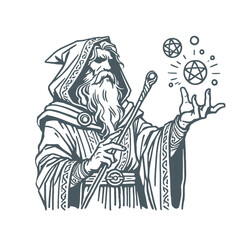 An old wizard in a hooded robe holding a staff and conjuring mystical spheres. Vintage style fantasy artwork. Isolated vector illustration.