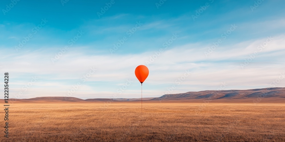Poster vibrant minimalist solo red balloon in vast open field - atmospheric science imagery for innovative 