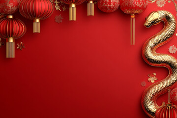 Golden snake figurine on a red background with a decorative fan pattern. Happy Chinese New Year 2025 Year of the snake concept. AI