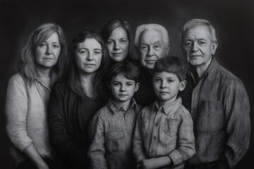 Fototapeta premium Charcoal drawing depicts a multigenerational family posing together, capturing the essence of family bonds and heritage