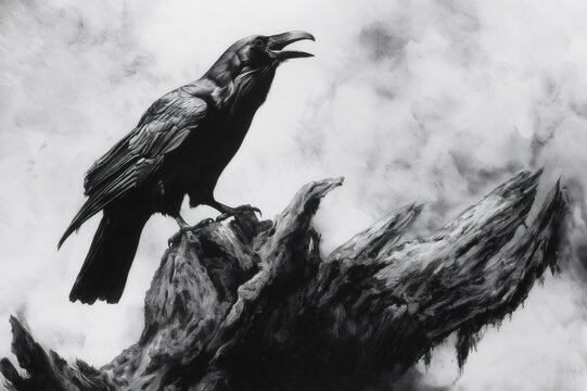 Dramatic charcoal illustration of a raven perching and cawing on a weathered tree stump against a cloudy sky