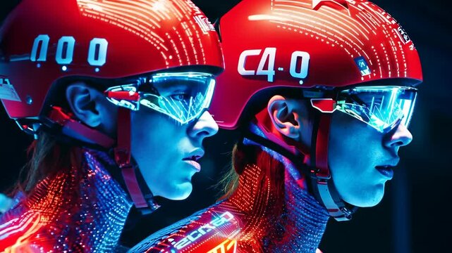 Metaverse athletes wearing futuristic helmets and suits, shorttrack