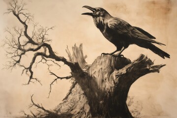 Fototapeta premium Charcoal drawing of a raven cawing while perched on a dead tree against a beige background