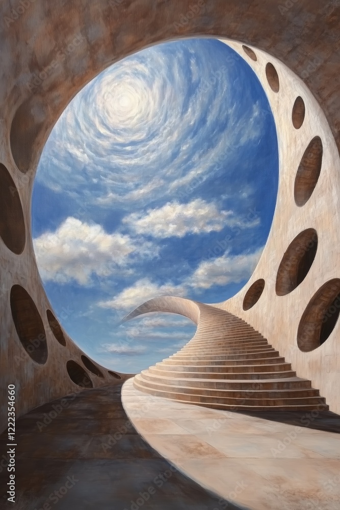 Poster surreal architecture with circular openings and winding stairs leading to sky
