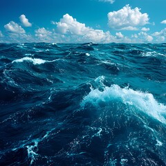 Serene Ocean Waves Under Clear Blue Sky with Fluffy Clouds