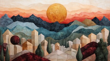 Fototapeta premium Vibrant abstract landscape with geometric shapes and sunset over mountain range