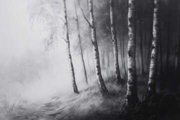 Fototapeta premium Charcoal sketch representing a birch grove on a foggy morning, creating a mysterious and evocative atmosphere