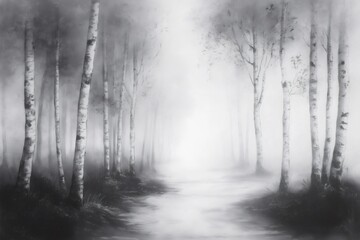 Fototapeta premium Charcoal sketch representing a birch grove on a foggy morning, creating a mysterious and evocative atmosphere