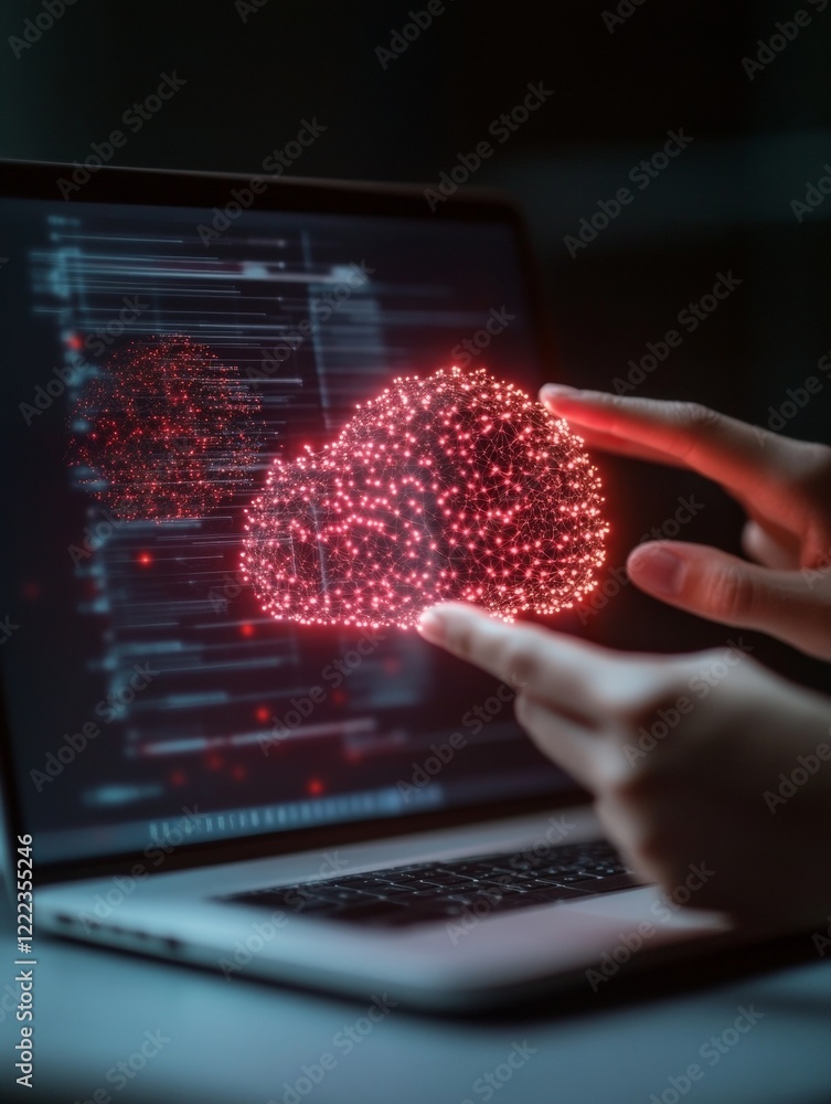 Poster AI-Driven Cloud Computing Interface Dynamic Neon Data Visualization on Laptop Screen - Modern Tech Solutions for Business Innovation and Digital Transformation