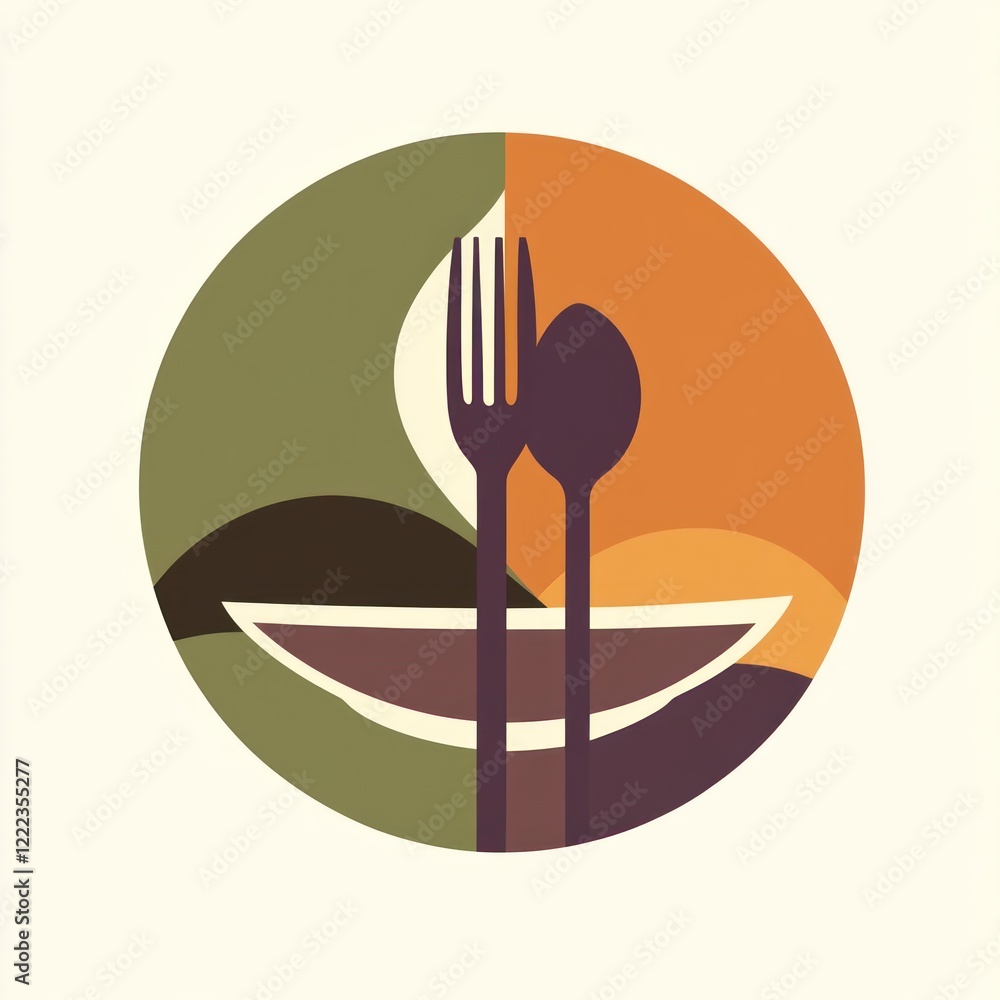 Poster flat illustration of spoon and fork on plate over patterned background, for use in menus