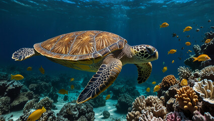 Obraz premium A sea turtle glides among colorful coral reefs