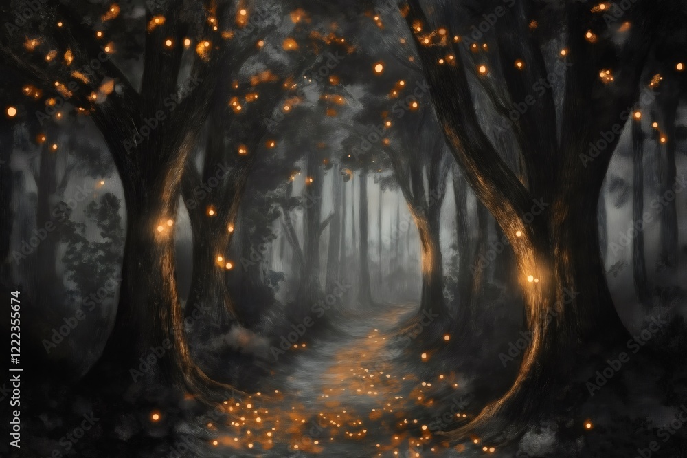 Poster charcoal drawing of a path in a dark forest with warm glowing lights and mist creating a magical atm