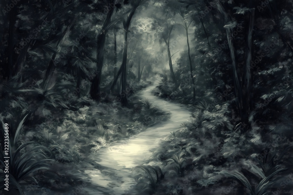 Poster charcoal sketch depicting a path winding through a dark forest at night, creating a mysterious and e