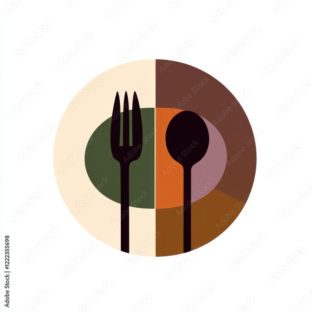 Poster flat design of a fork and spoon on a plate with varied color background for food blog
