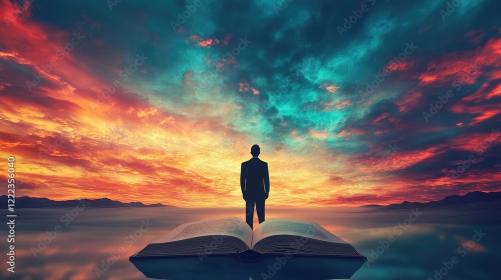 Poster managerial learning concept with a silhouette and an open book transitioning into a vibrant sky