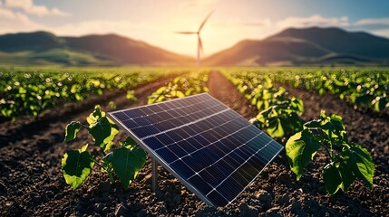 Solar Panel in Green Field with Wind Turbine and Mountains Background
