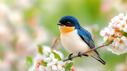 Obraz premium Blue and orange songbird perches on a blossoming tree branch during a bright spring day.