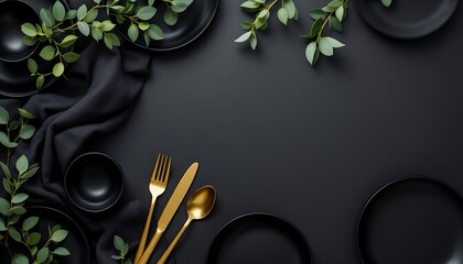 Elegant Black Table Setting Gold Cutlery Greenery