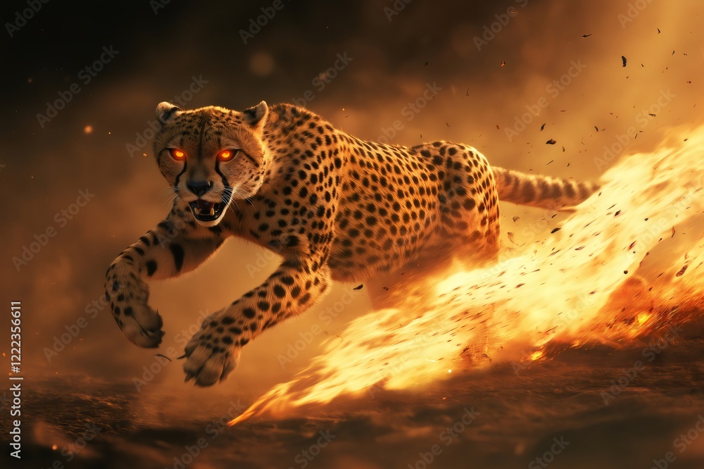 Aufkleber cheetah running at incredible speed with flames erupting from its paws, creating a stunning visual e
