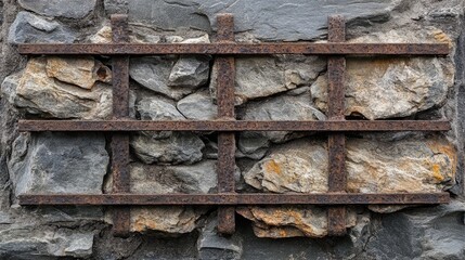 Weathered stone wall fragments with iron bars partially intact, symbolizing resilience amidst decay