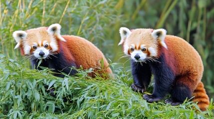 Fototapeta premium Two Adorable Red Pandas in Lush Greenery