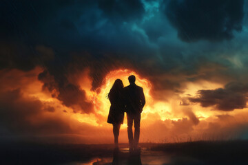 Obraz premium Couple standing together, their love creating a glowing aura amidst a stormy, rainy sky