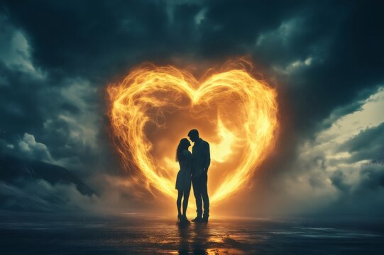 Couple standing together inside a burning heart shape during a storm, symbolizing their strong love and bond