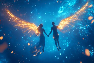 Naklejka premium Couple with radiant wings, holding hands and soaring through a magical blue sky, embodying love, freedom, and ethereal connection