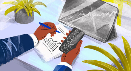 Illustration of a financier analyzing financial data with a phone and tablet