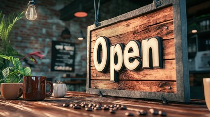 Rustic 3D Open Sign in Cozy Coffee Shop with Textured Aesthetic