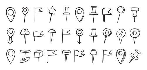 Pins hand drawn doodle set. Pin line drawing style for planner or map. Pins variable icons © Yanka