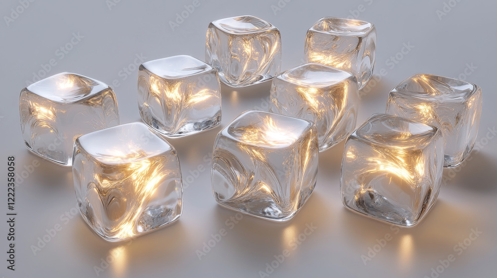 Poster 3d ice cube set - transparent crystalline blocks with realistic glares, shadows and reflective surfa