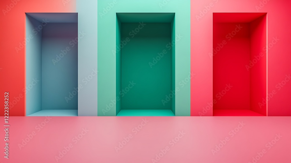 Poster colorful minimalist display with three empty rectangular niches on pastel background for modern desi