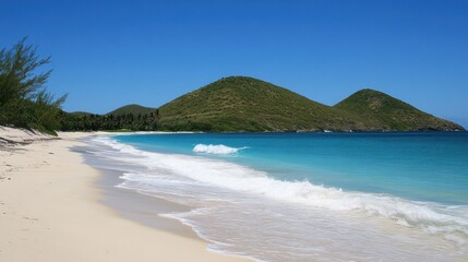 Serene Caribbean Beach Paradise: Turquoise Waters, White Sands, and Lush Green Hills