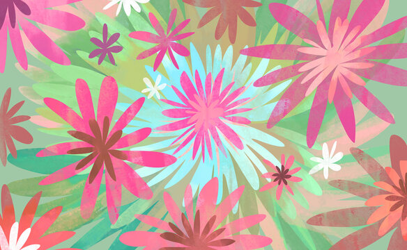 Abstract floral illustration with pastel colors and pink blossoms
