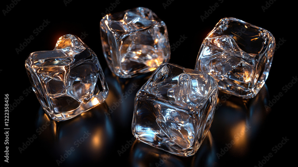 Poster 3d ice cube set - transparent crystalline blocks with realistic glares, shadows and reflective surfa