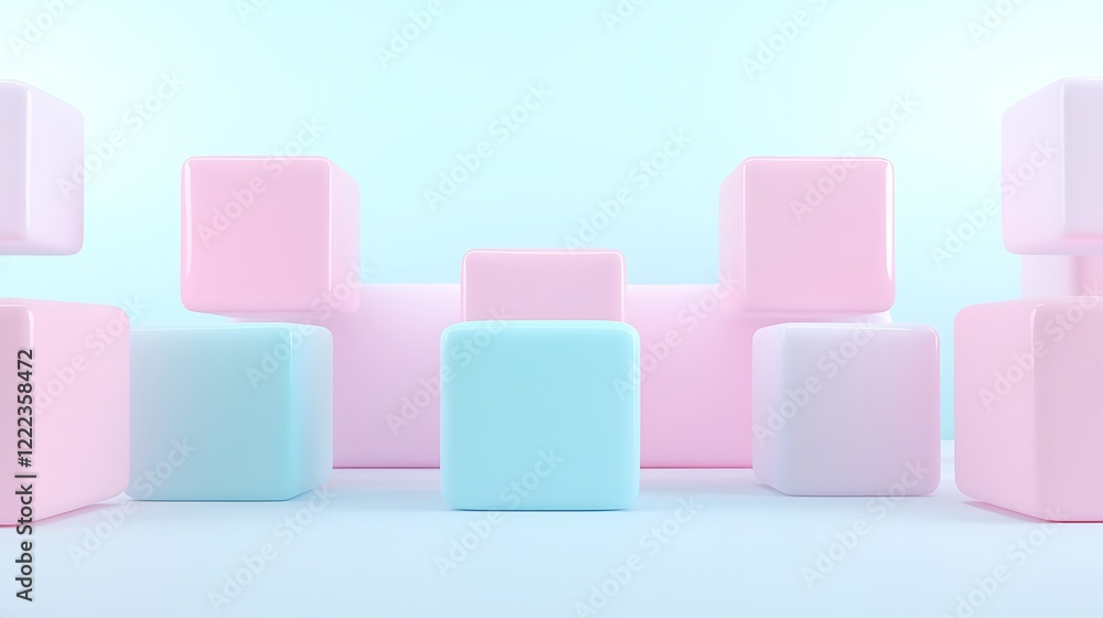 Poster colorful pastel building blocks arranged in a playful composition on a soft gradient background