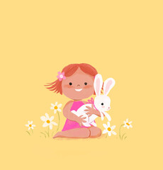 Illustration of a girl with a bunny surrounded by flowers on a yellow background
