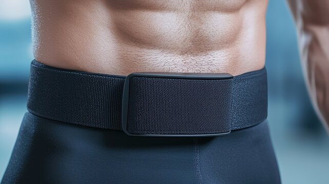 A close-up of a muscular torso wearing a black athletic belt, highlighting fitness and body conditioning.